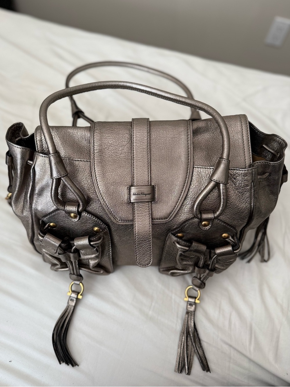 Salvatore Ferragamo Metallic Gunmetal Leather Multi-Pocket Tassel Shoulder Bag